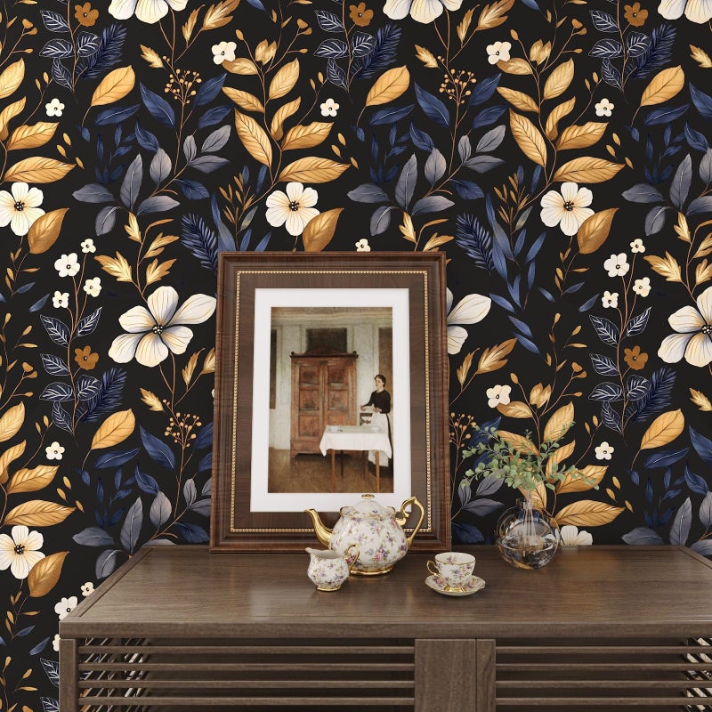 Laatse Blue/Gold Leaf Wallpaper Peel and Stick Vintage Dark Floral Wallpaper Waterproof Self Adhesive Removable Boho Wall Paper Modern for Bedroom Walls Drawer Cabinet 17.5in x118in - Image 2