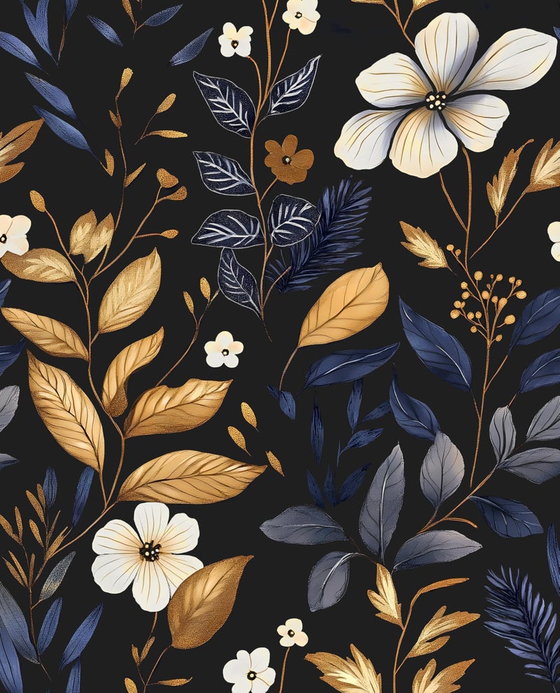 Laatse Blue/Gold Leaf Wallpaper Peel and Stick Vintage Dark Floral Wallpaper Waterproof Self Adhesive Removable Boho Wall Paper Modern for Bedroom Walls Drawer Cabinet 17.5in x118in - Image 1