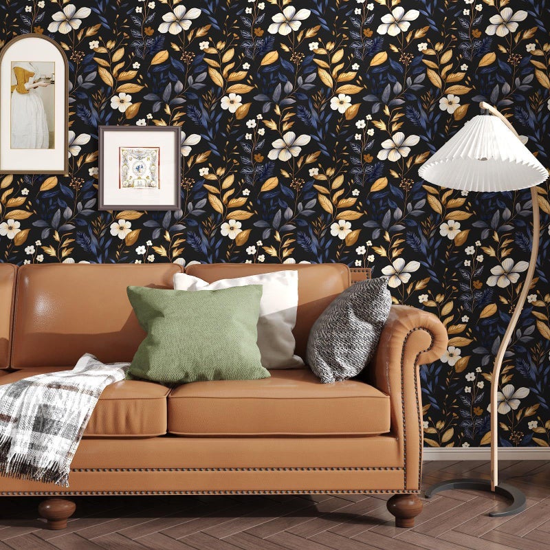 Laatse Blue/Gold Leaf Wallpaper Peel and Stick Vintage Dark Floral Wallpaper Waterproof Self Adhesive Removable Boho Wall Paper Modern for Bedroom Walls Drawer Cabinet 17.5in x118in - Image 3
