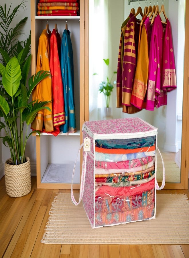 SHAPING FABRIC Pink Floral Fabric Saree Storage Bag with Transparent Front & Zipper Closure - Pack of 01 SF-SBB-1312 - Image 1