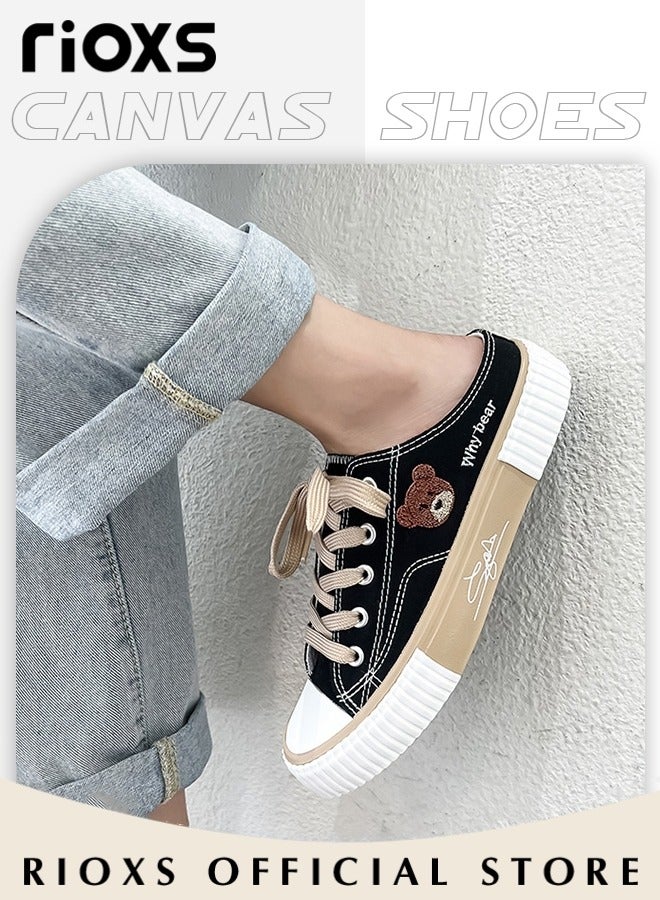 RIOXS Women's Mules, Canvas Low Top Sneakers, Classic Lace-up Backless Shoes, Lightweight Walking Shoes for Female, Fashionable Close Toed Flat Sandals, Comfortable Ladies Slip-ons, Versatile Clogs for Women, Canvas Mules Perfect for All Seasons, Worn with Skirts Jeans and Casual Wear - Image 4