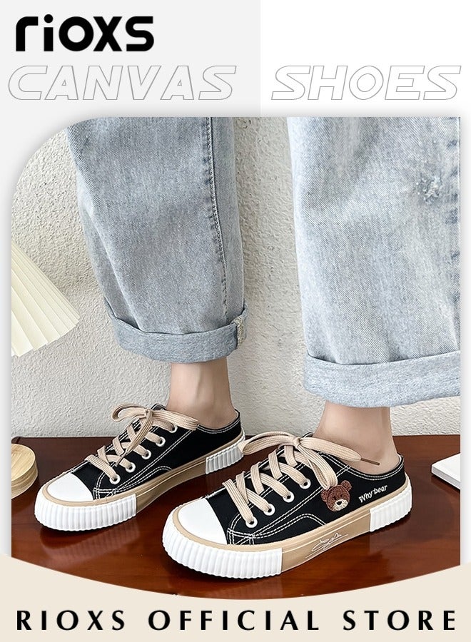 RIOXS Women's Mules, Canvas Low Top Sneakers, Classic Lace-up Backless Shoes, Lightweight Walking Shoes for Female, Fashionable Close Toed Flat Sandals, Comfortable Ladies Slip-ons, Versatile Clogs for Women, Canvas Mules Perfect for All Seasons, Worn with Skirts Jeans and Casual Wear - Image 2