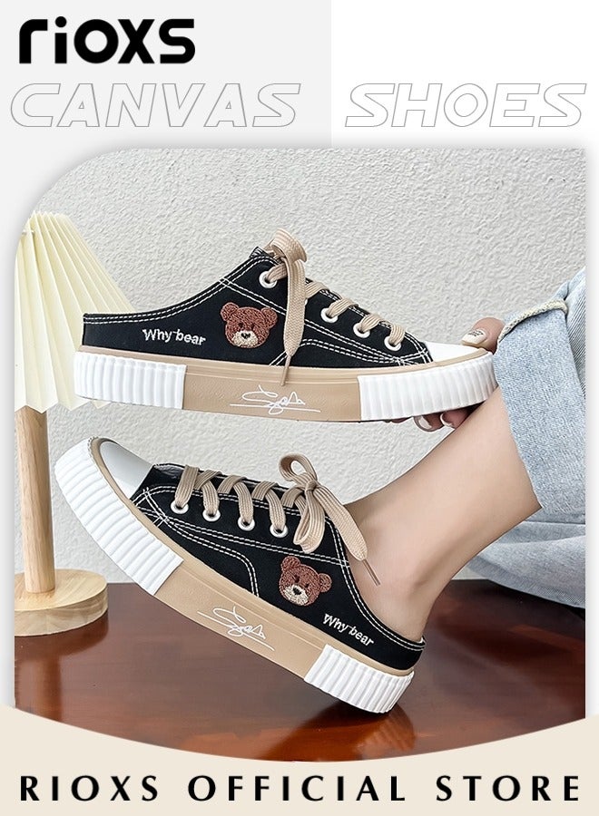 RIOXS Women's Mules, Canvas Low Top Sneakers, Classic Lace-up Backless Shoes, Lightweight Walking Shoes for Female, Fashionable Close Toed Flat Sandals, Comfortable Ladies Slip-ons, Versatile Clogs for Women, Canvas Mules Perfect for All Seasons, Worn with Skirts Jeans and Casual Wear - Image 3