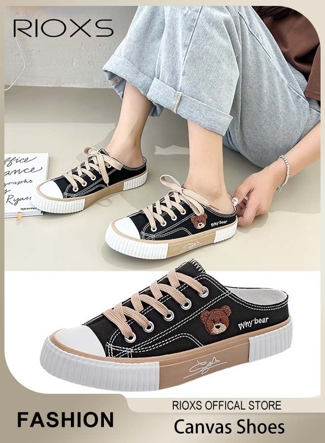 RIOXS Women's Mules, Canvas Low Top Sneakers, Classic Lace-up Backless Shoes, Lightweight Walking Shoes for Female, Fashionable Close Toed Flat Sandals, Comfortable Ladies Slip-ons, Versatile Clogs for Women, Canvas Mules Perfect for All Seasons, Worn with Skirts Jeans and Casual Wear - Image 1