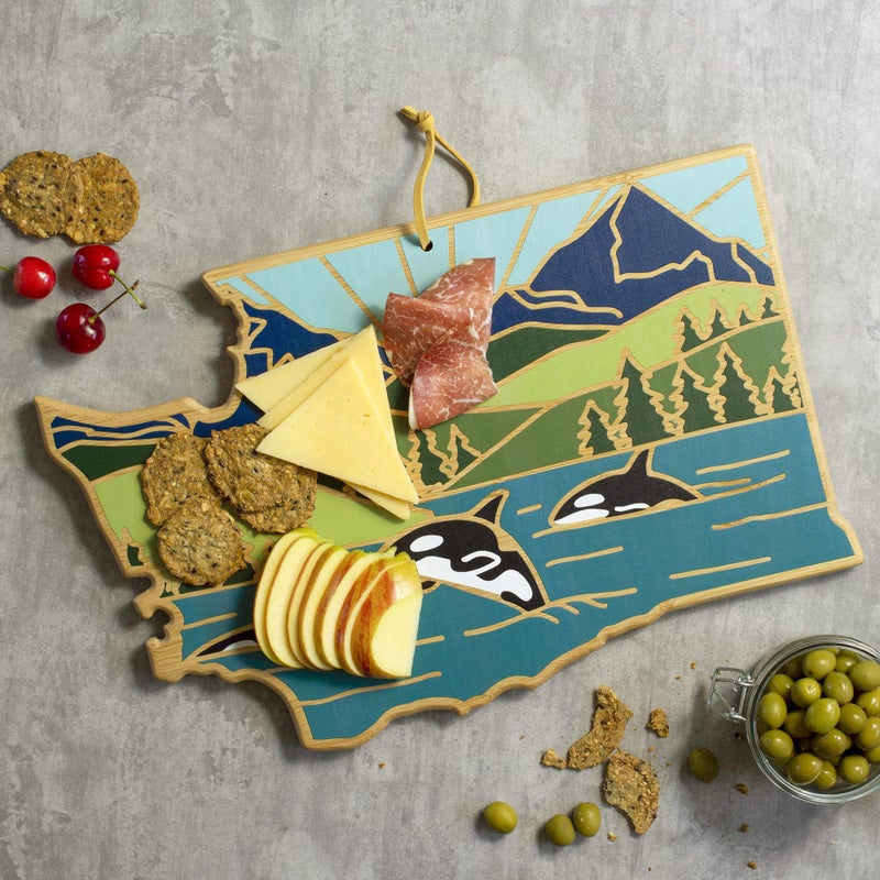 Totally Bamboo Washington State Shaped Cutting Board and Charcuterie Serving Platter with Artwork by Summer Stokes, Includes Hang Tie for Wall Display - Image 3