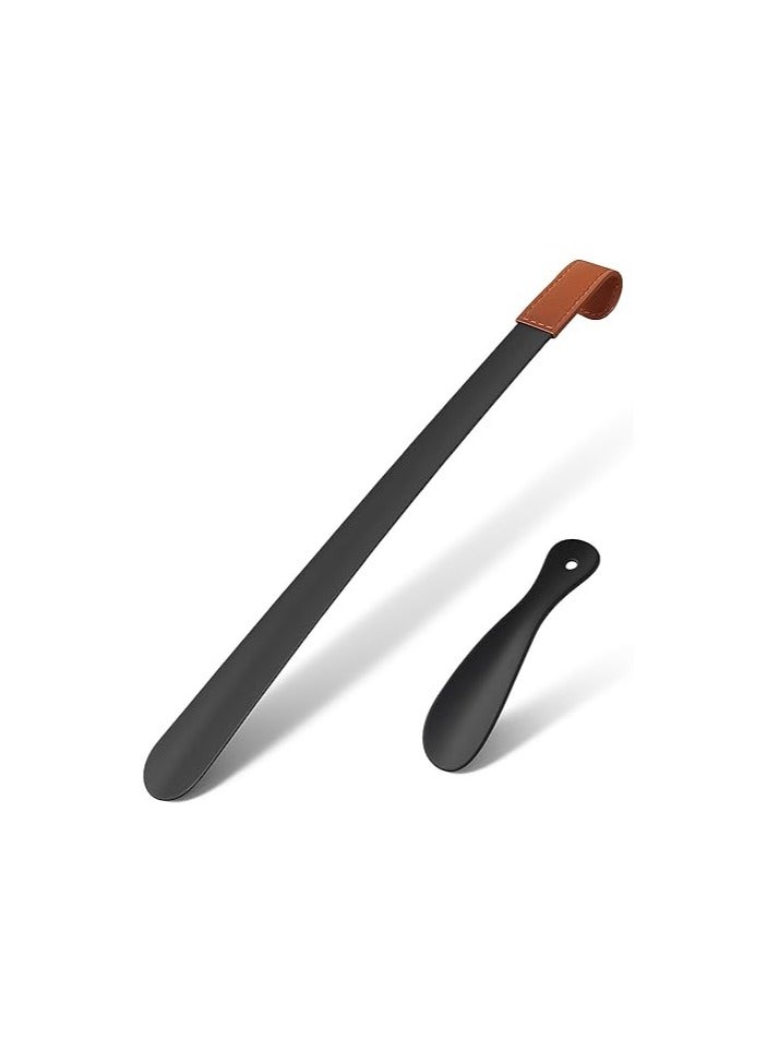 2 PCS Metal Shoe Horns,42 CM Stainless Steel Shoehorn 19 CM Travel Short Shoe Lifter Shoes Helper Stick for Men Women Seniors Kids (Black) - Image 1