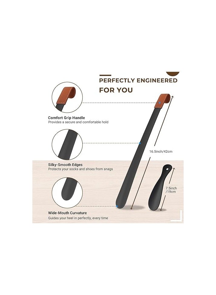 2 PCS Metal Shoe Horns,42 CM Stainless Steel Shoehorn 19 CM Travel Short Shoe Lifter Shoes Helper Stick for Men Women Seniors Kids (Black) - Image 2