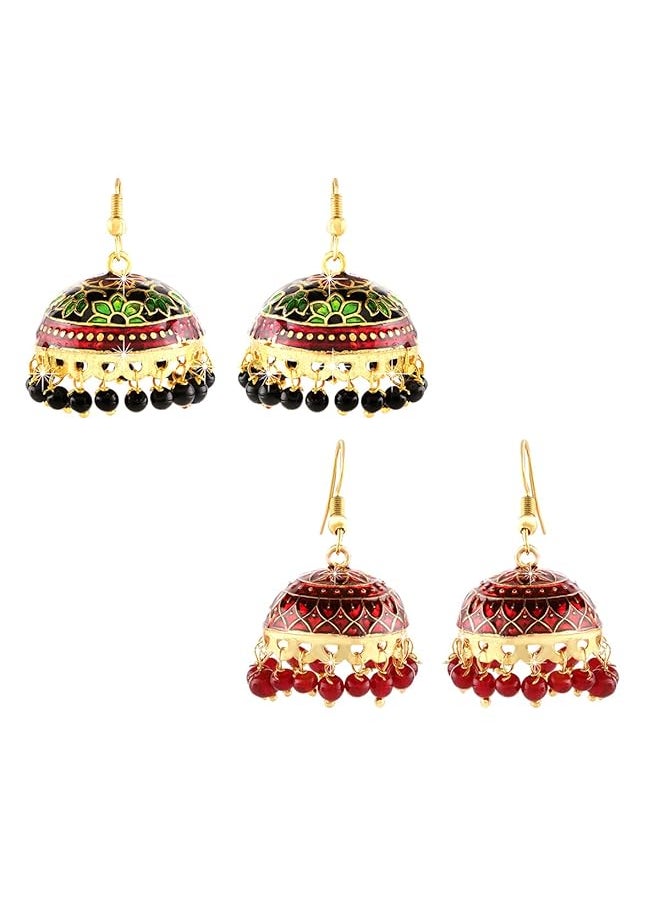YELLOW CHIMES - Handcrafted Meenakari Carftmanship Combo 2 Pairs Traditional Jhumka Jhumki Earrings For Women And Girls - Image 1
