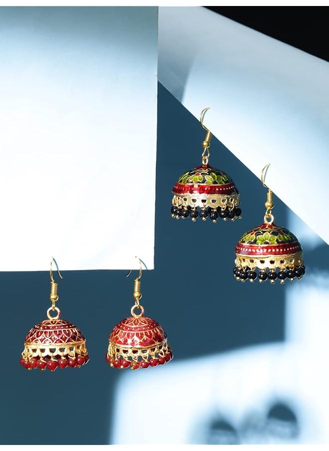 YELLOW CHIMES - Handcrafted Meenakari Carftmanship Combo 2 Pairs Traditional Jhumka Jhumki Earrings For Women And Girls - Image 1