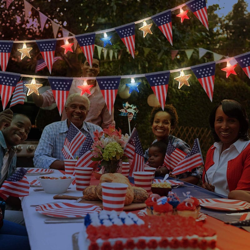 كلاراكو أضواء عيد الاستقلال من كلاركو، سلسلة من 12 مصباح ليد ساطع مع لافتة أعلام أمريكية، حديقة الرابع من يوليو، ديكور داخلي وخارجي (مثلث) - Image 2