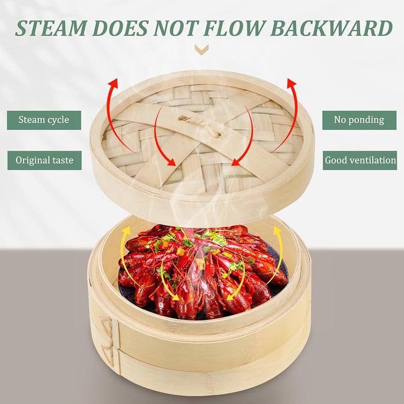 سلة بخار الخيزران التقليدية مع غطاء للزلابيا والديم سوم والخضروات للطهي - Image 3