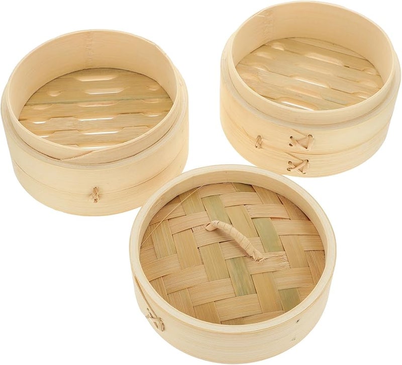 سلة بخار الخيزران التقليدية مع غطاء للزلابيا والديم سوم والخضروات للطهي - Image 2