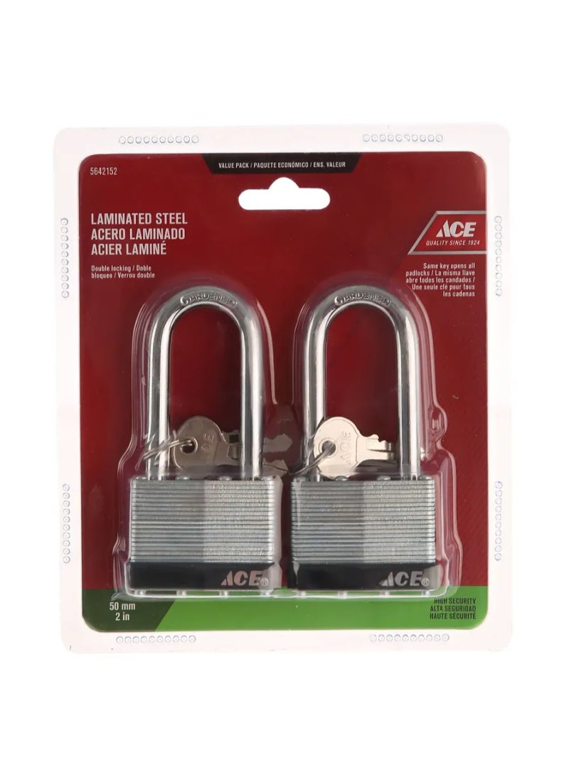 Ace Long Shackle Laminated Steel Padlock Pack 50mm 2Pcs