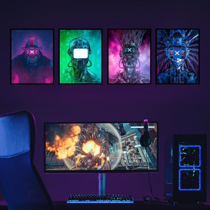 Insire Futuristic Cyberpunk Gaming Posters - Set of 4 Wall Art Neon Decor for Boys Room - (8x10") Unframed - Image 3