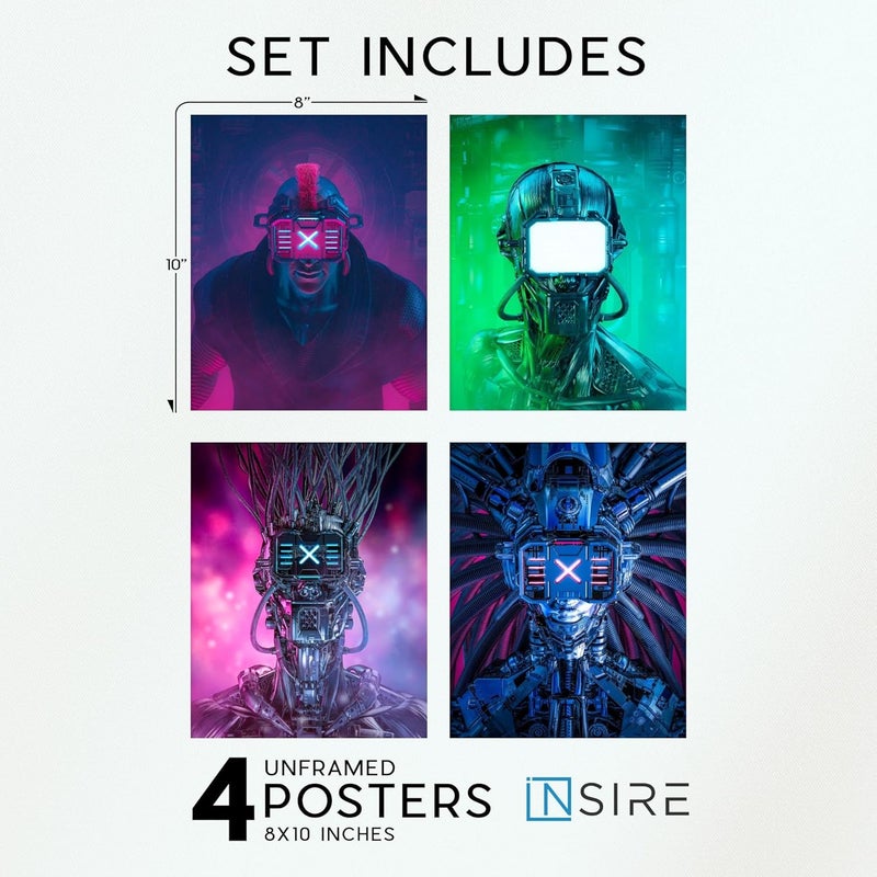Insire Futuristic Cyberpunk Gaming Posters - Set of 4 Wall Art Neon Decor for Boys Room - (8x10") Unframed - Image 2