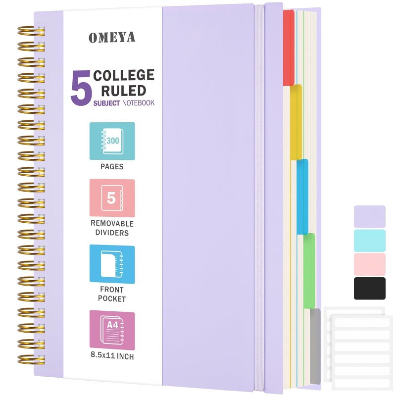 OMEYA Spiral Notebook 8.5" x 11", 5 Subject Notebooks College Ruled with Removable Dividers, 300 Pages 100GSM Thick Spiral Writing Journal for Women & Men, Large A4 Lined Journal Notebooks for Work, School - Image 1
