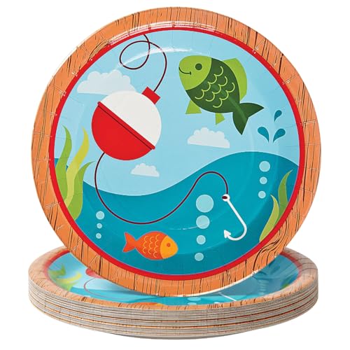 Fun Express Little Fisherman Party Paper Dinner Fishing Themed Decoration Paper Plates Fishing Disposable Dessert Plates for Little Fisherman Birthday Events Party Supplies 8 Pieces - Image 1