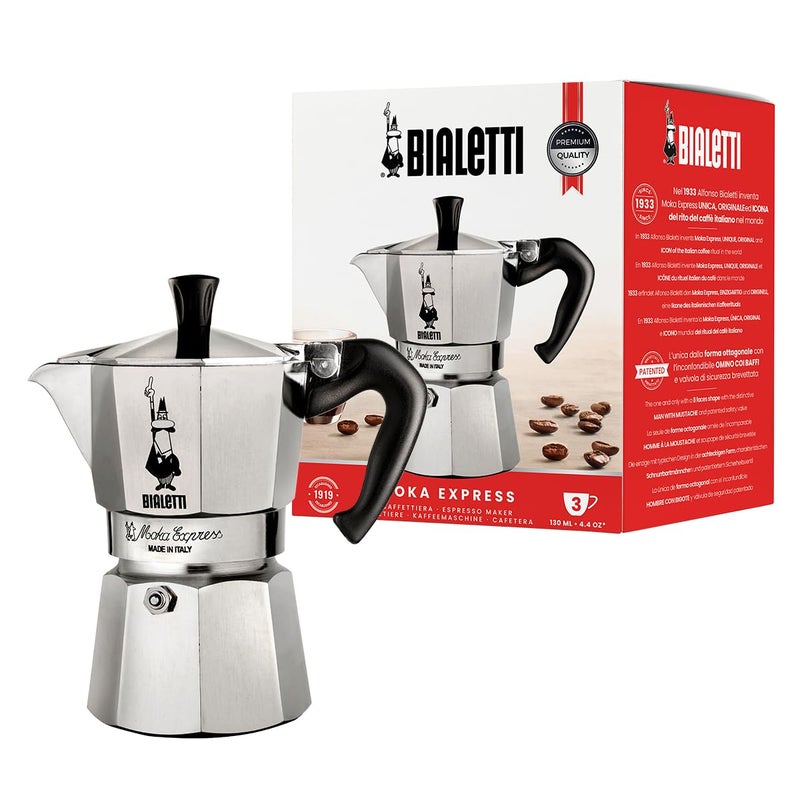 BIALeTTI Moka Express Iconic Stovetop Espresso Maker Makes Real Italian Coffee Moka Pot 3 Cups 44 Oz  130 Ml  Aluminium Silver 