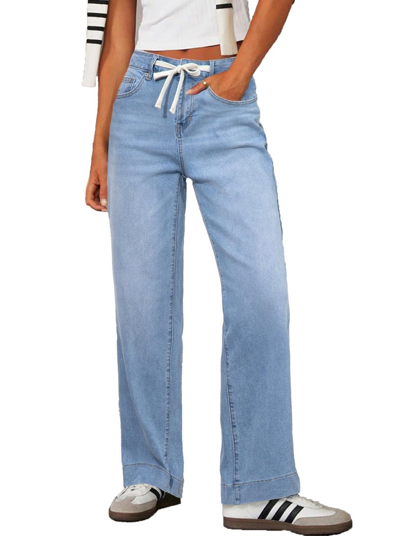 Sidefeel Jeans for Women Western Outfit High Waisted Drawstring Wide Leg Denim Pants Iceland Blue Size 8 - Image 1