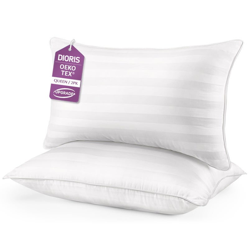 DIORIS Queen Size Bed Pillow - Hotel Quality Down Alternative Pillows Breathable Set of 2 for Side, Back, and Stomach Sleepers Premium Fluffy Soft Microfiber Fill Skin-Friendly - Image 1