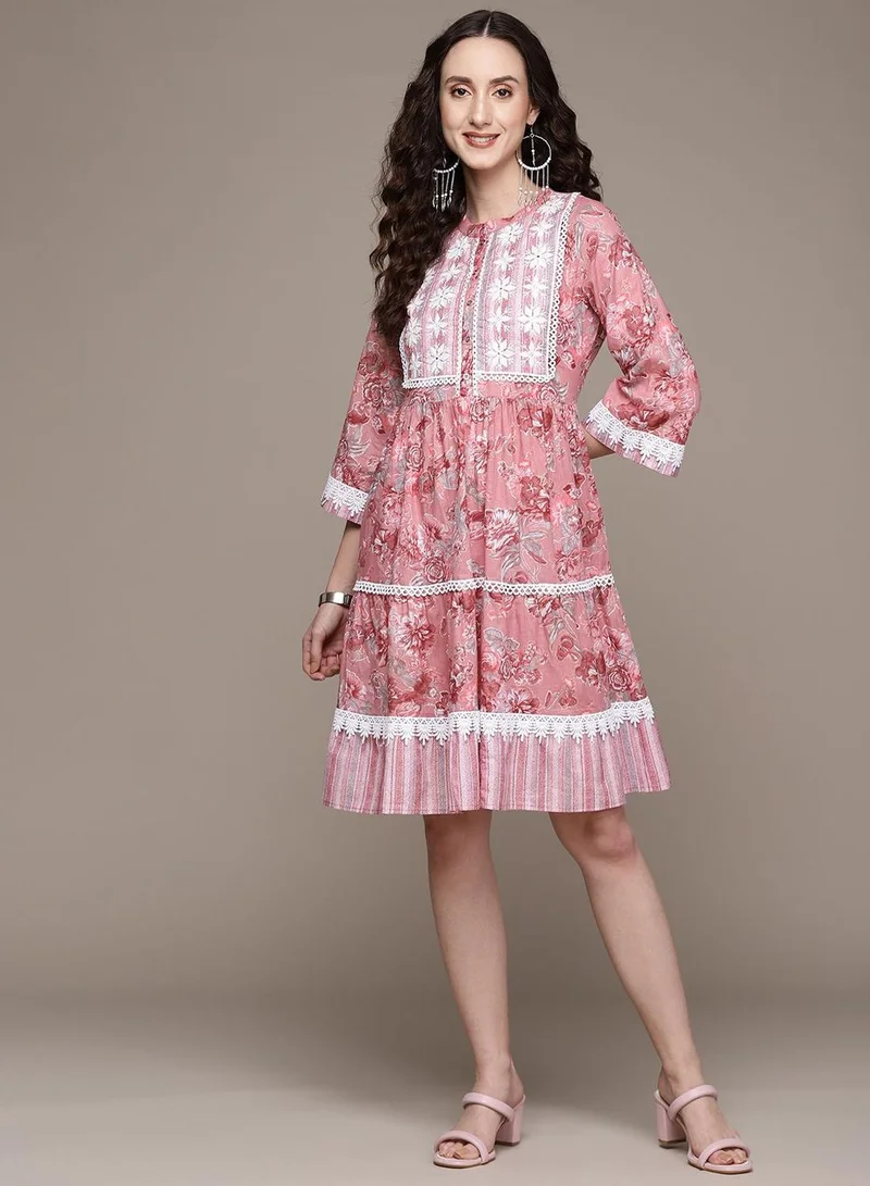 ISHIN Women's Mauve 100% Cotton Embroidered Midi Smock Regular Fit Dress