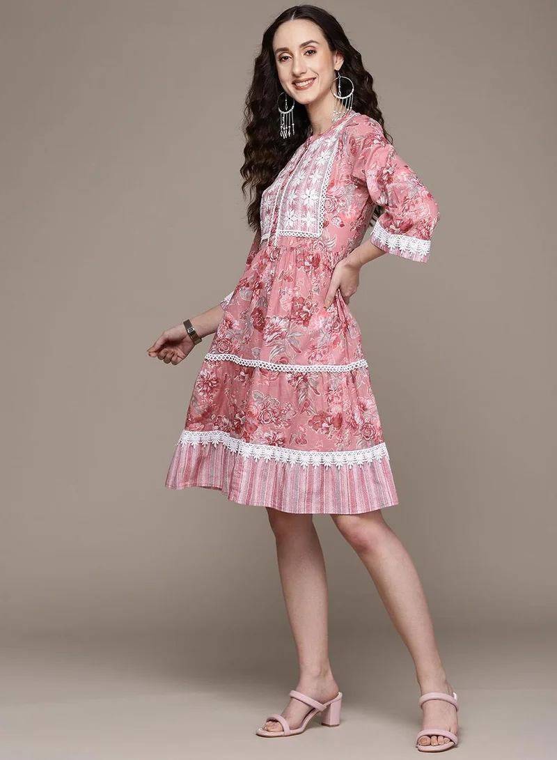 ISHIN Women's Mauve 100% Cotton Embroidered Midi Smock Regular Fit Dress