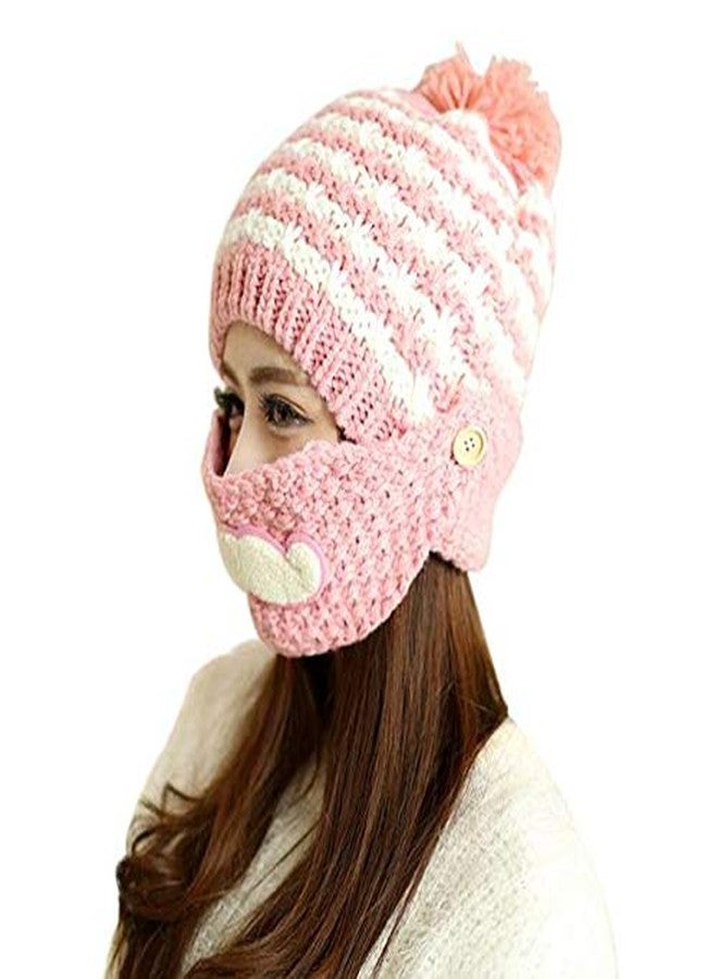 Krystle Kids Soft & Style Knitted Woolen Cap with Woolen Mask,Warm Winter Woolen Cap for Girl's fit for 8 to 15 Year Kids (Light Pink) - Image 1