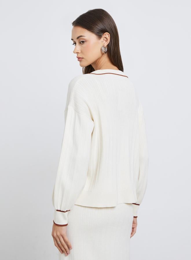 Styli Off White Knit Top with Brown Trim - Image 4