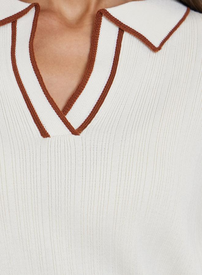 Styli Off White Knit Top with Brown Trim - Image 3