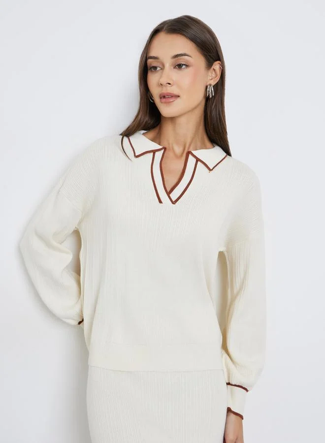 Styli Off White Knit Top with Brown Trim