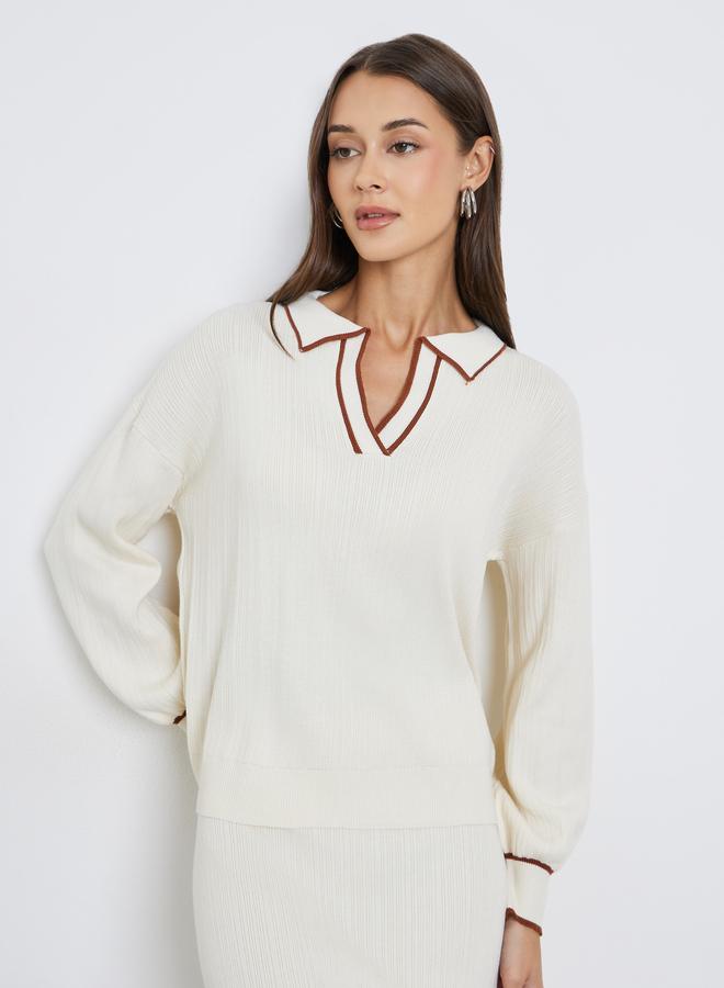 Styli Off White Knit Top with Brown Trim - Image 1
