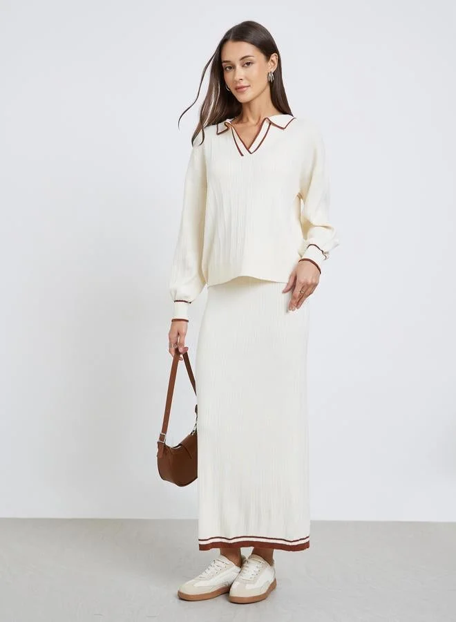 Styli Off White Knit Top with Brown Trim