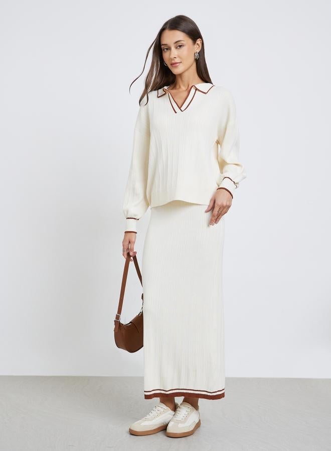 Styli Off White Knit Top with Brown Trim - Image 2