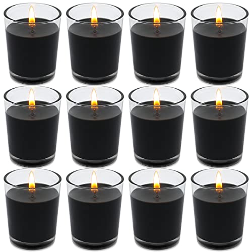 BERYSCEN Set of 12 Black Votive Candles for Halloween Pumpkin, Clear Glass Filled Unscented Soy Wax Candle for Dinner, Parties, Home Decorations and DIY - Image 1