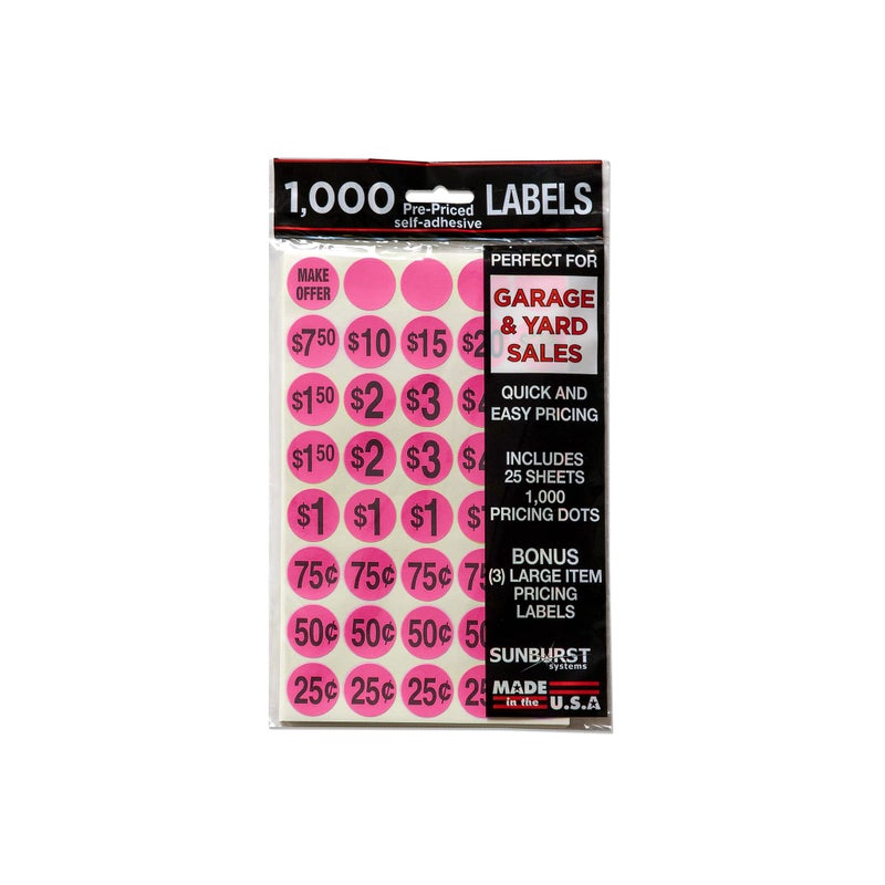 Sunburst Systems 7035 Priced Garage Sale Stickers, 1,000 Count Pre-Printed Labels, Pink - Image 1