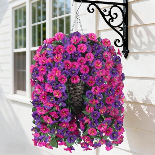 HyeFlora Artificial Fake Hanging Flowers in Basket for Outdoor Indoor DecorationUV Resistant Faux Silk Dark Purple and Fuchsia Morning Glory Plants Realistic Hanging Planter for Outside Home Porch Yard - Image 1