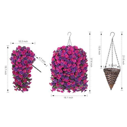 HyeFlora Artificial Fake Hanging Flowers in Basket for Outdoor Indoor DecorationUV Resistant Faux Silk Dark Purple and Fuchsia Morning Glory Plants Realistic Hanging Planter for Outside Home Porch Yard - Image 3