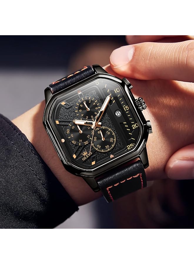 أوليفز ساعات رجالية كوارتز كرونوغراف جلد موضة رسمية ساعة تاريخ مقاومة للماء مضيئة ساعات يد كاجوال مربعة للأعمال… - Image 4