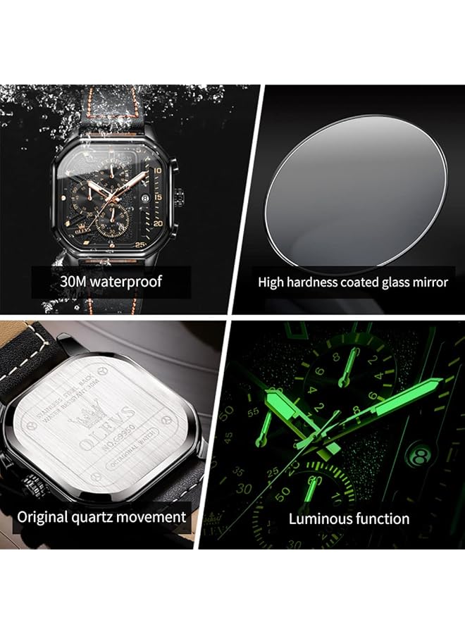 أوليفز ساعات رجالية كوارتز كرونوغراف جلد موضة رسمية ساعة تاريخ مقاومة للماء مضيئة ساعات يد كاجوال مربعة للأعمال… - Image 5