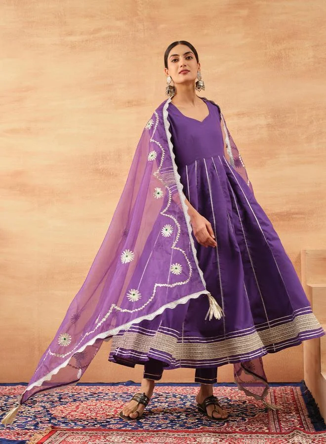 آي شين Women's Purple 100% Cotton Embellished Tunic Top With Ankle Palazzo Flared 3 Peice Kurta Set