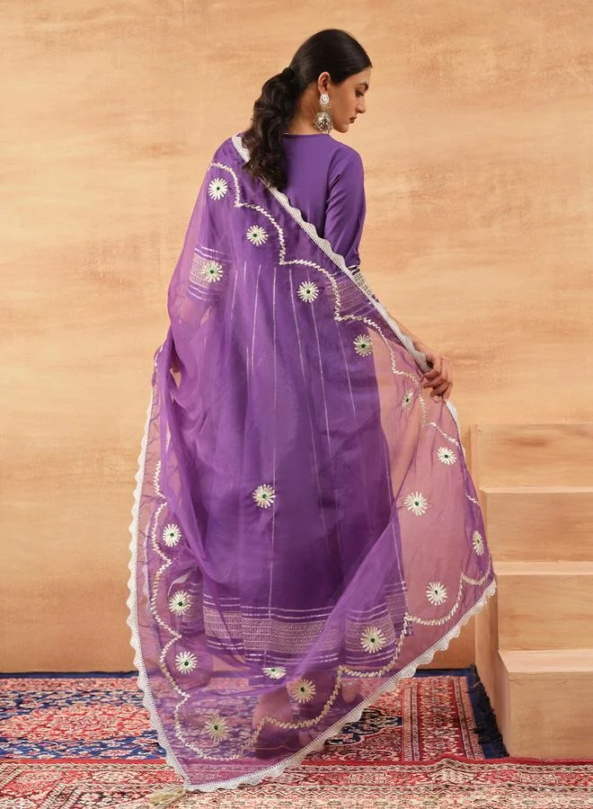 آي شين Women's Purple 100% Cotton Embellished Tunic Top With Ankle Palazzo Flared 3 Peice Kurta Set