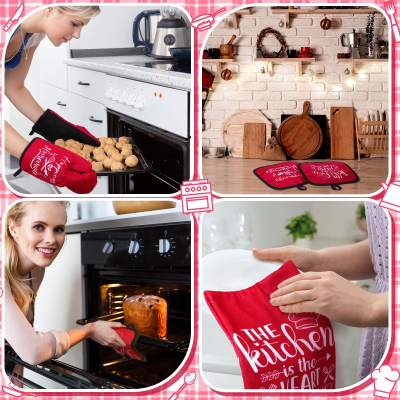 Sratte 6 Pcs Kitchen Decor Accessories Set Farmhouse Towels Pot Holders Oven Mitts Set 2 Dish Towels 2 Potholders 2 Cooking Mittens Oven Glove for Christmas Baking Cooking Supply(Red,Kitchen) - Image 5