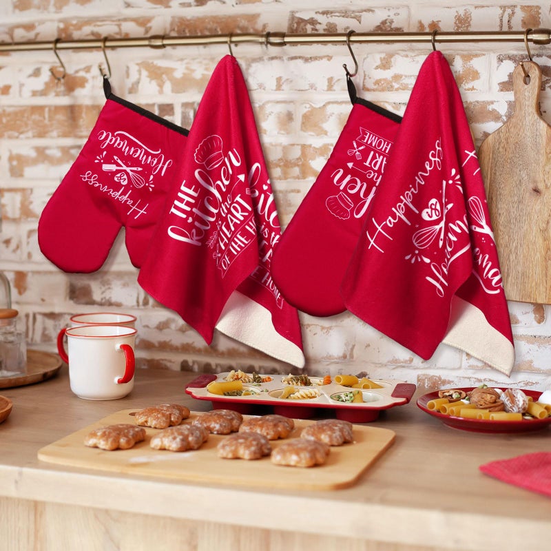 Sratte 6 Pcs Kitchen Decor Accessories Set Farmhouse Towels Pot Holders Oven Mitts Set 2 Dish Towels 2 Potholders 2 Cooking Mittens Oven Glove for Christmas Baking Cooking Supply(Red,Kitchen) - Image 2