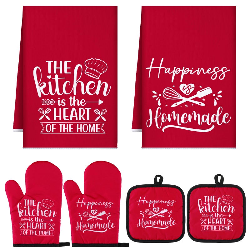 Sratte 6 Pcs Kitchen Decor Accessories Set Farmhouse Towels Pot Holders Oven Mitts Set 2 Dish Towels 2 Potholders 2 Cooking Mittens Oven Glove for Christmas Baking Cooking Supply(Red,Kitchen) - Image 1