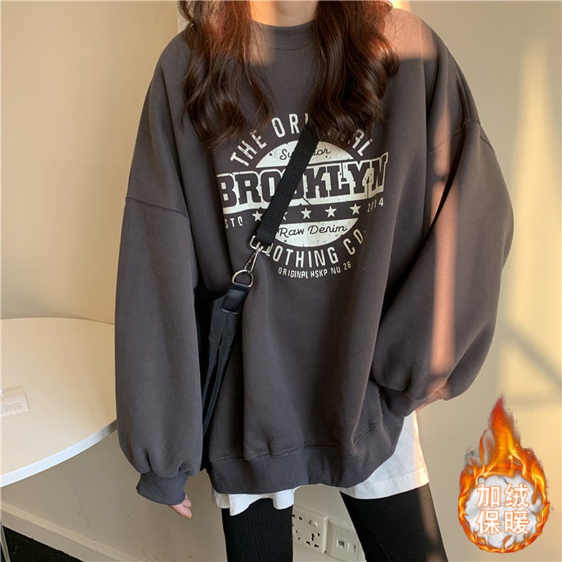 Fleece-lined sweater womens winter hooded coat ins Harajuku style loose student top couple wear casual T-shirt womens clothing 11 dark gray fleece-lined