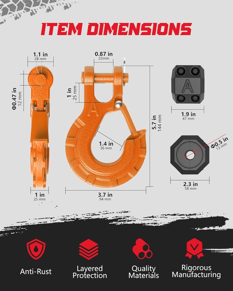 AMBULL 3/8" Winch Hook & Winch Cable Hook Stopper Sets, Heavy Duty Grade 70 Forged Steel Recovery Hook with Safety Latch, Included Allen Wrench,Max 37,478 Lbs, Orange - Image 4