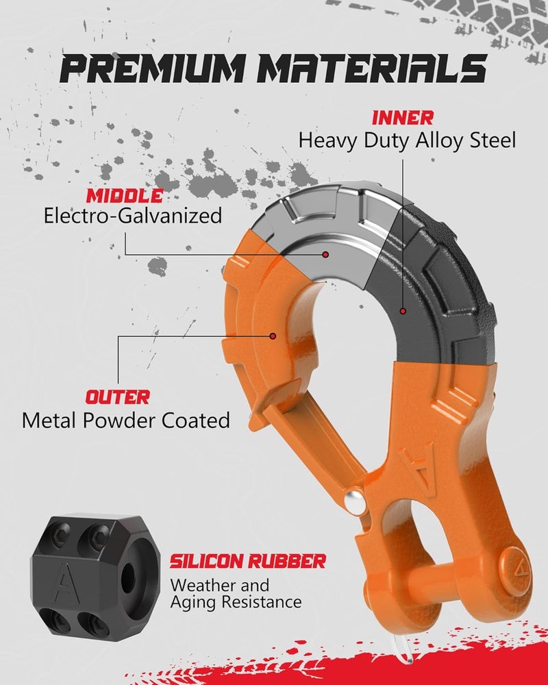 AMBULL 3/8" Winch Hook & Winch Cable Hook Stopper Sets, Heavy Duty Grade 70 Forged Steel Recovery Hook with Safety Latch, Included Allen Wrench,Max 37,478 Lbs, Orange - Image 2
