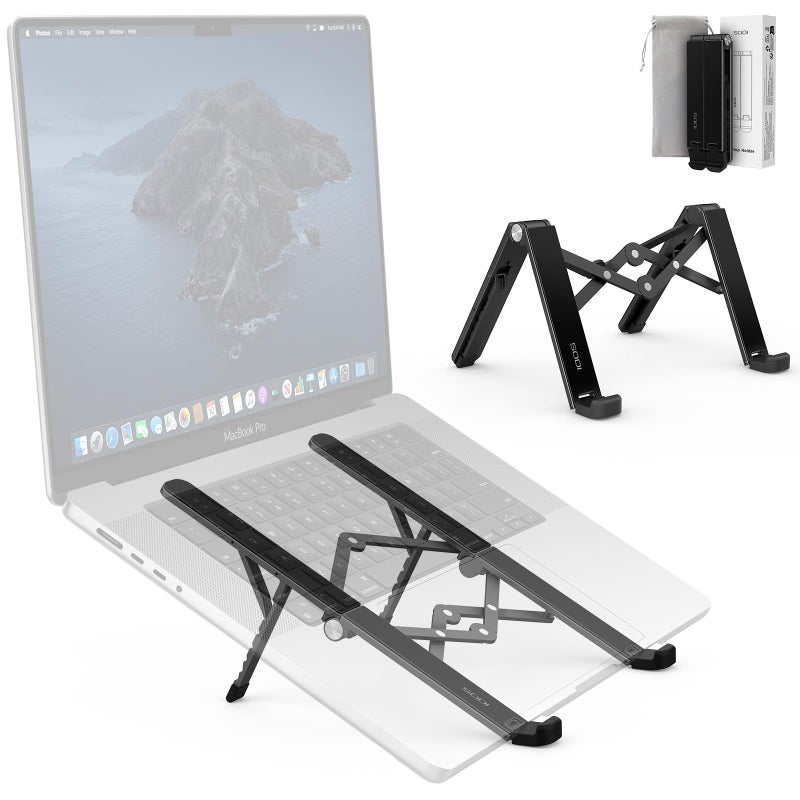 SODI 2025 Foldable Laptop Stand for Desk - Bi-fold Ergonomic Spring Adjustable Computer Holder, 3 in 1 Metal Portable Laptop Stand for Notebook, Phone, Tablet,10-16", Desk & Travel Use - Image 1