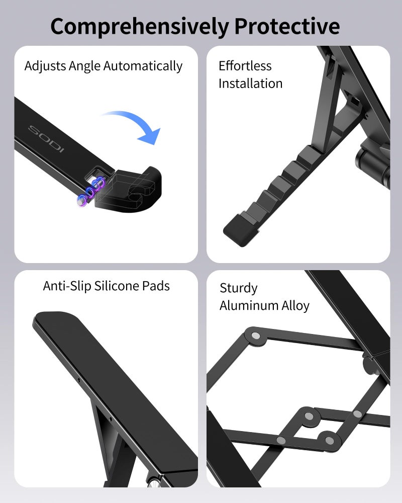 SODI 2025 Foldable Laptop Stand for Desk - Bi-fold Ergonomic Spring Adjustable Computer Holder, 3 in 1 Metal Portable Laptop Stand for Notebook, Phone, Tablet,10-16", Desk & Travel Use - Image 4