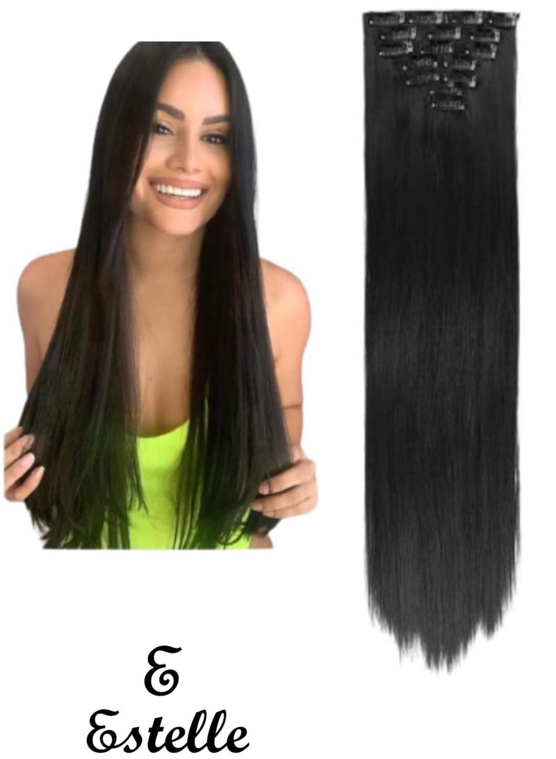 Estelle Clip in Hair Extensions for Women Fiber Hairpieces Thick Clip on Plastic Hair Extensions with Invisible Clips for lady 6 Pieces Natural Black - Image 1